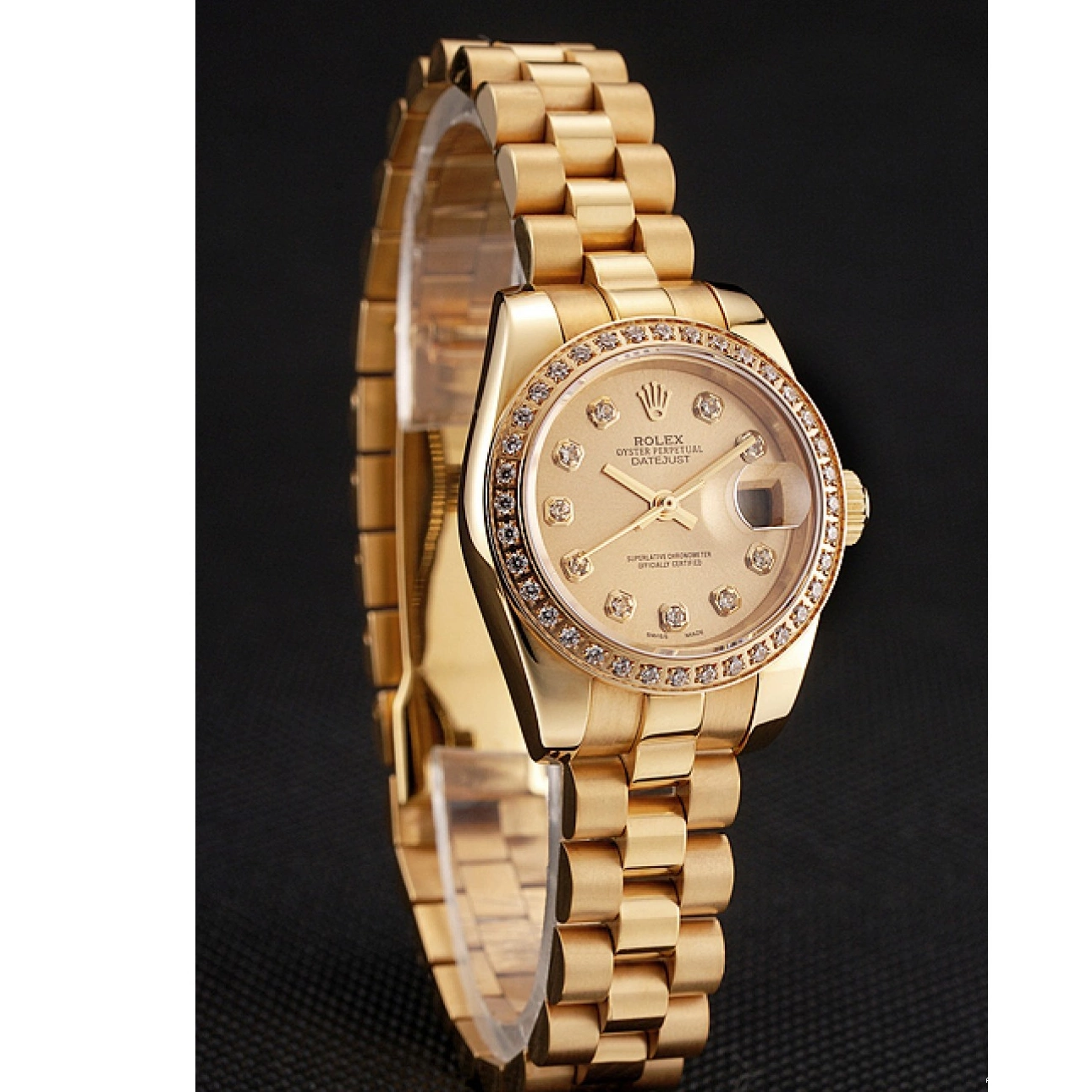 Aaa replica watch Champagne Bracelet Gold Swiss Dial Bezel Rolex Lady-Datejust 1454095 Diamond 0820